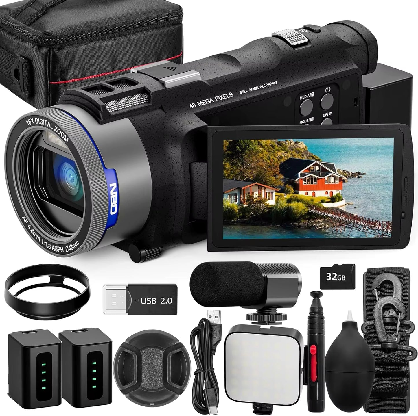 4K Camcorder Video Camera with 48MP Vlogging Camera with Wi-Fi & App Control,Video Recorder with 3X Battery Life, 16X Zoom