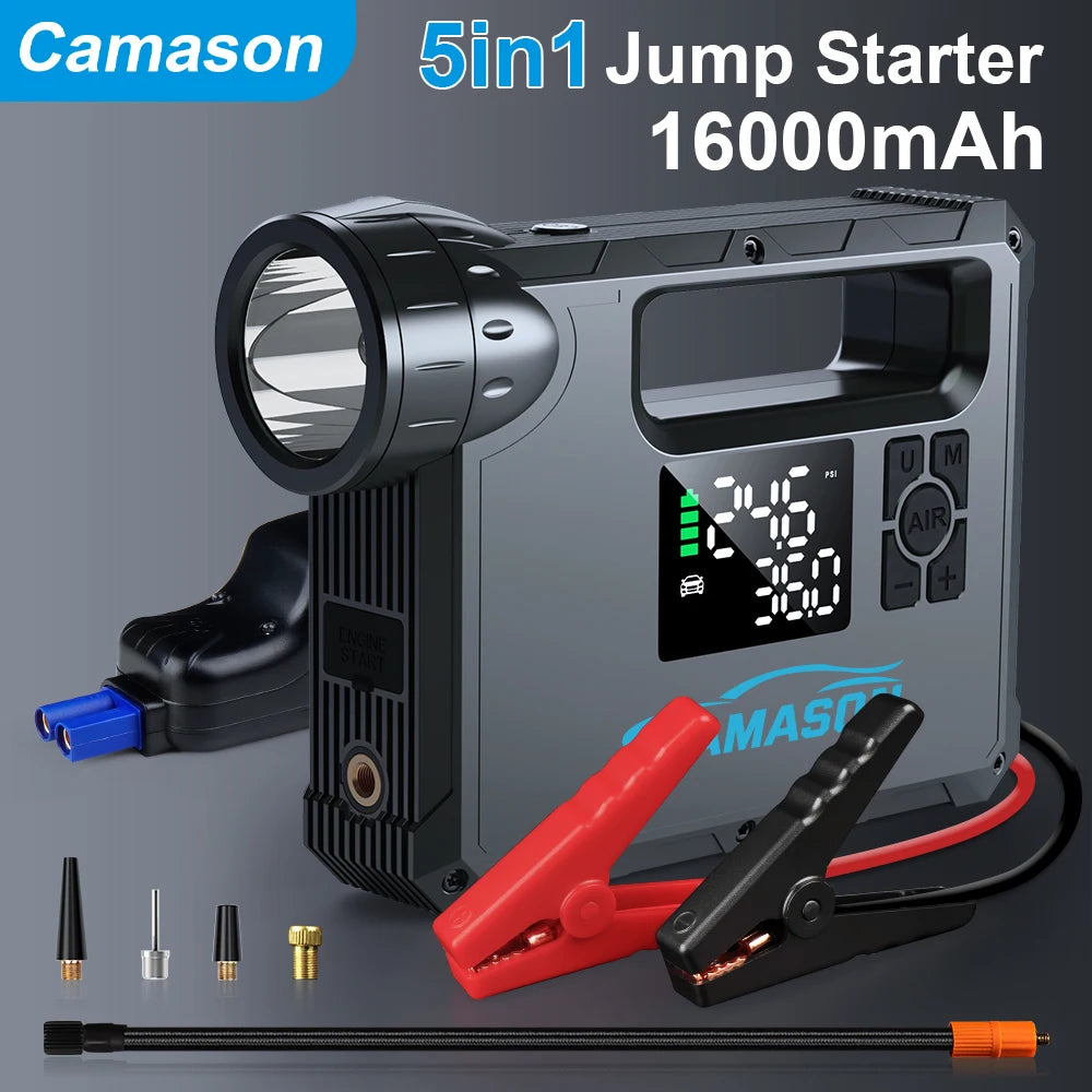5 in 1 Car Jump Starter with Air Compressor Portable Flashlight Starting Device Power Bank Battery Automotive Booster Start