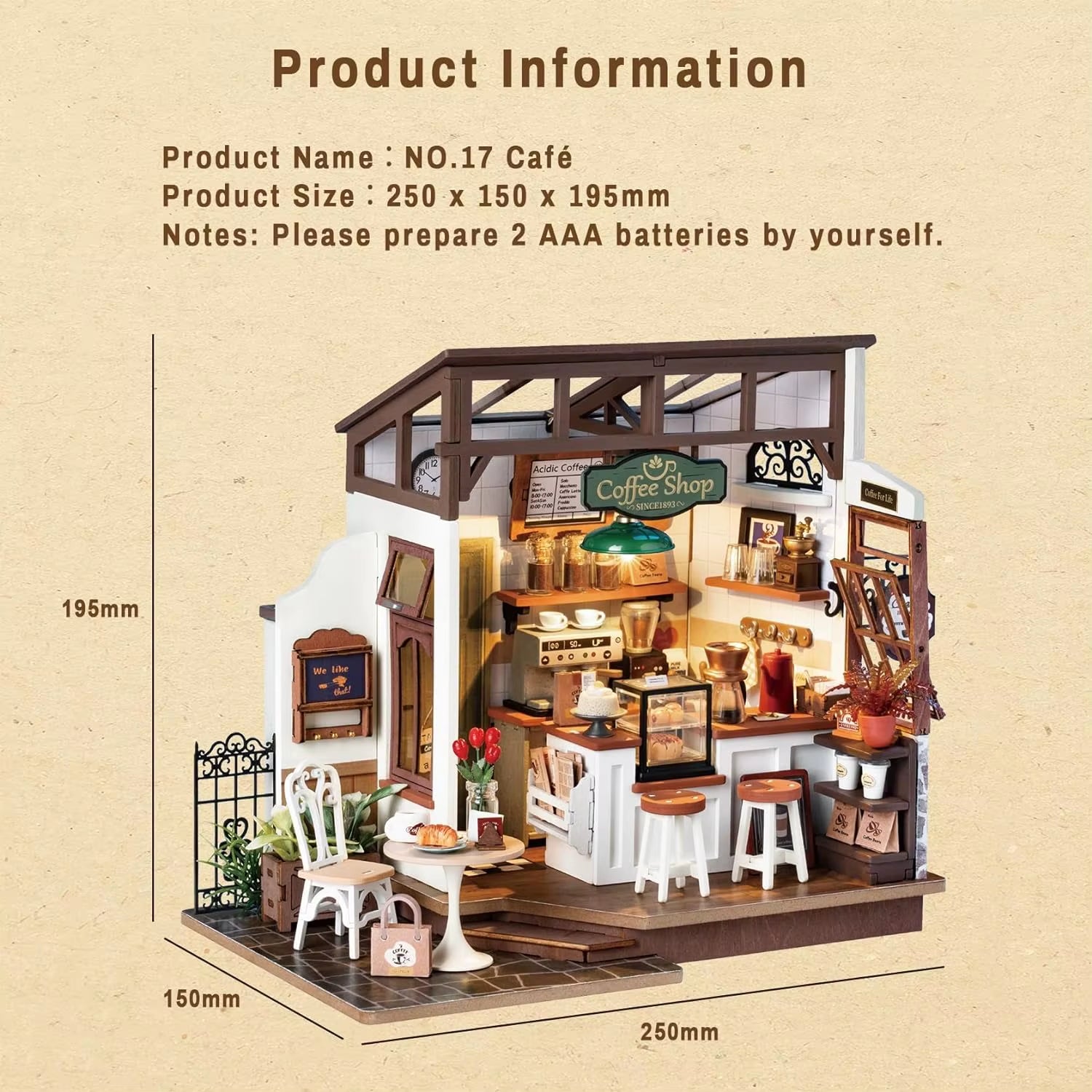 Robotime DIY Wooden Dollhouse Set NO.17 Coffee Model Building Set with Accessories and LED Model Kit for Adult and Children