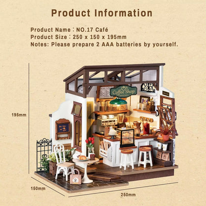 Robotime DIY Wooden Dollhouse Set NO.17 Coffee Model Building Set with Accessories and LED Model Kit for Adult and Children