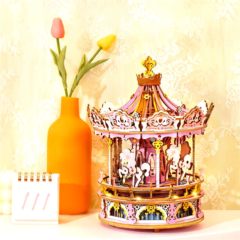 Robotime 3D Wooden Puzzle - 336-Piece Rotatable DIY Romantic Carousel Music Box Assembly Toy for Children and Adults (AMK62)