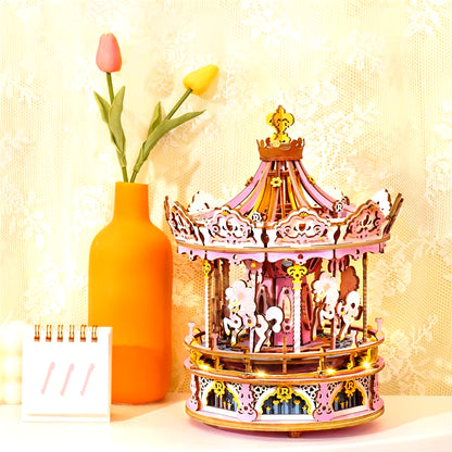 Robotime 3D Wooden Puzzle - 336-Piece Rotatable DIY Romantic Carousel Music Box Assembly Toy for Children and Adults (AMK62)