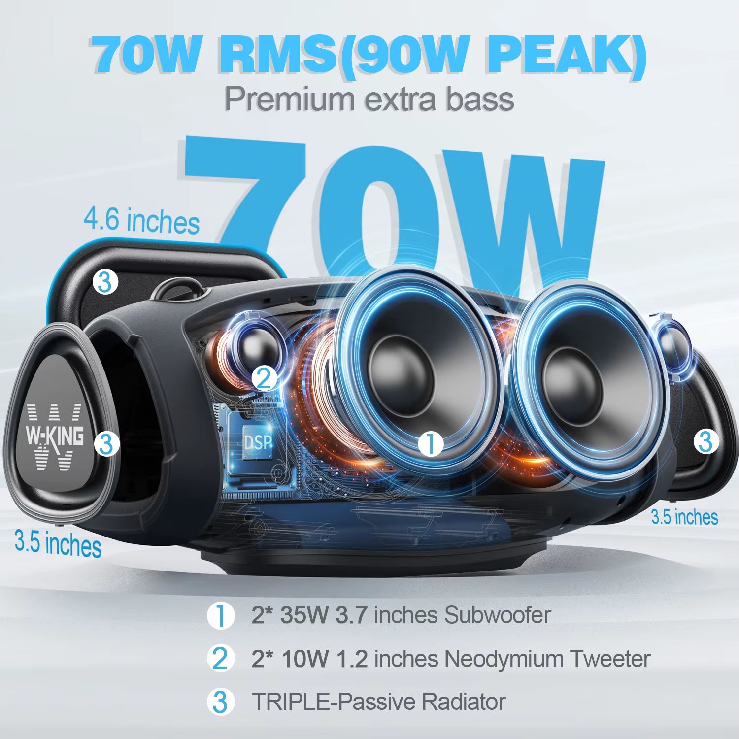 (120W PEAK)70W Portable Loud Bluetooth Speakers with Wireless Microphone, Waterproof Outdoor Wireless Bluetooth