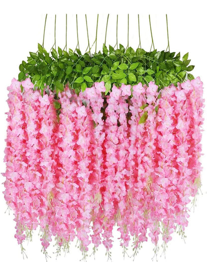 12Pcs Wisteria Artificial Fake Flower Bushy Vine Ratta Hanging Garland for Wedding Home Wall Decor Pink