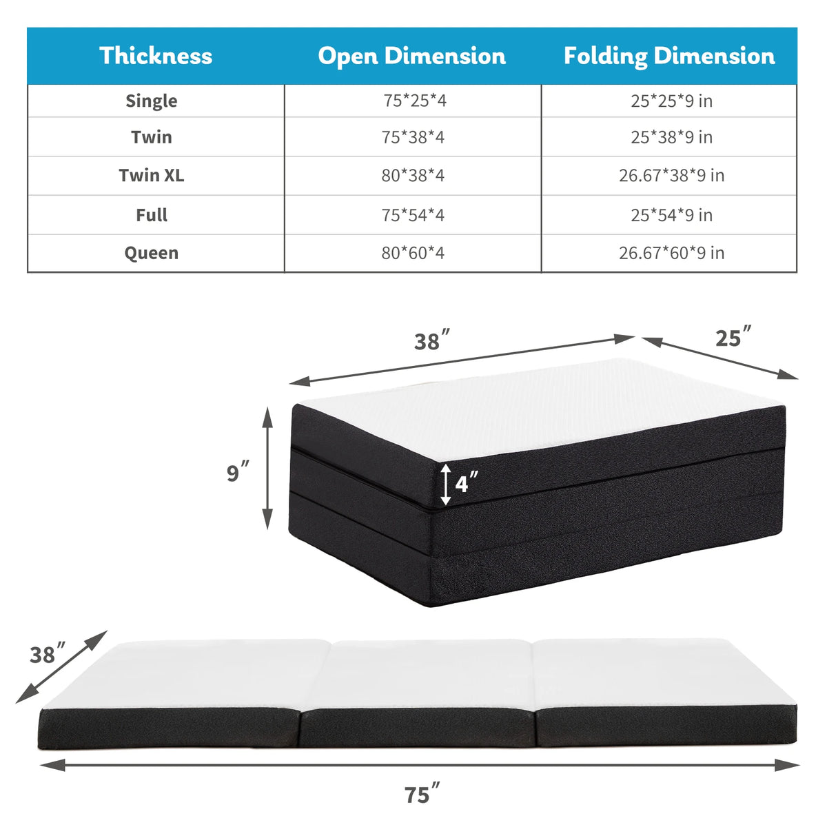 JHK Certified Three-Fold Portable Floor Bed for Travel, Camping, and Yoga - Soft Touch with Flexible Zipper