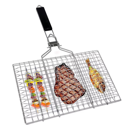 Foldable Grill Basket Portable Stainless Steel BBQ Barbecue Grilling Basket with Removable Handle Steak Fish Basket JT59