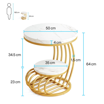Tribesigns Gold Round End Table: Two-Tier Faux Marble Side Table with Storage Shelf, Modern White and Gold Bedside Nightstand