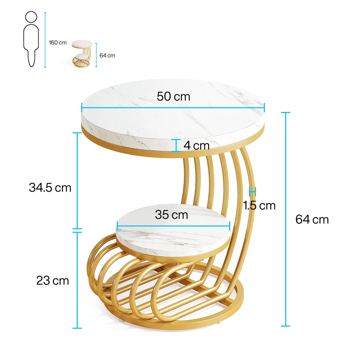 Tribesigns Gold Round End Table: Two-Tier Faux Marble Side Table with Storage Shelf, Contemporary White and Gold Bedside Nightstand