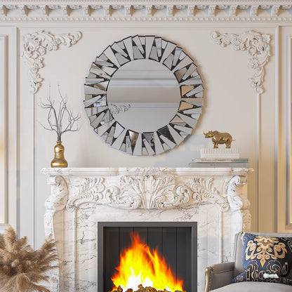 32" Wall Mirrors Decorative round Sunburst Mirror for Wall Decor Modern Silver Glass Wall-Mounted Beveled Hanging Circle Accents