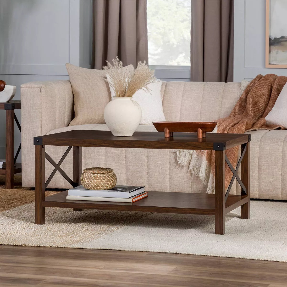 Sophie Rustic Industrial X Frame Coffee Table - Saracina Home