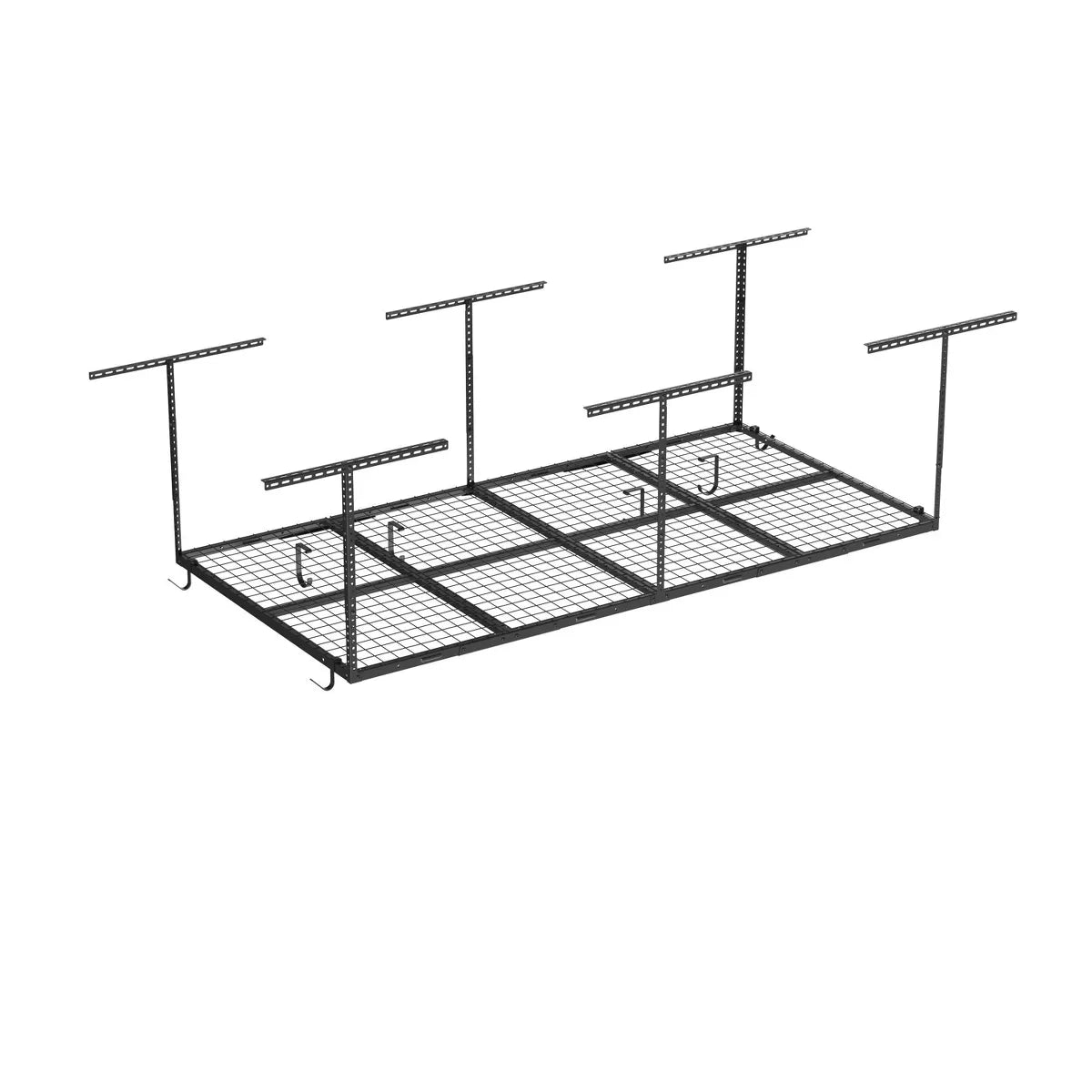 Adjustable Overhead Garage Storage Rack, 4' x 8', with 8 Accessory Hooks, Black Steel Utility Shelves