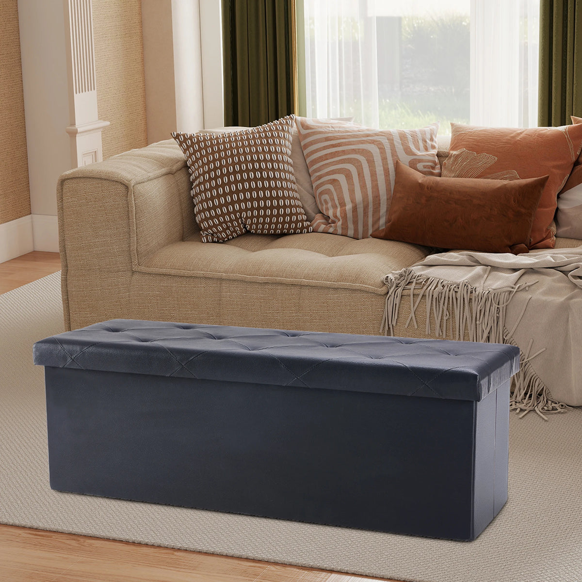 JHK 43-Inch Leather Folding Ottoman Storage Bench - Versatile Footstool and Toy Box with 660 lbs Capacity for Living Room and Bedroom Use