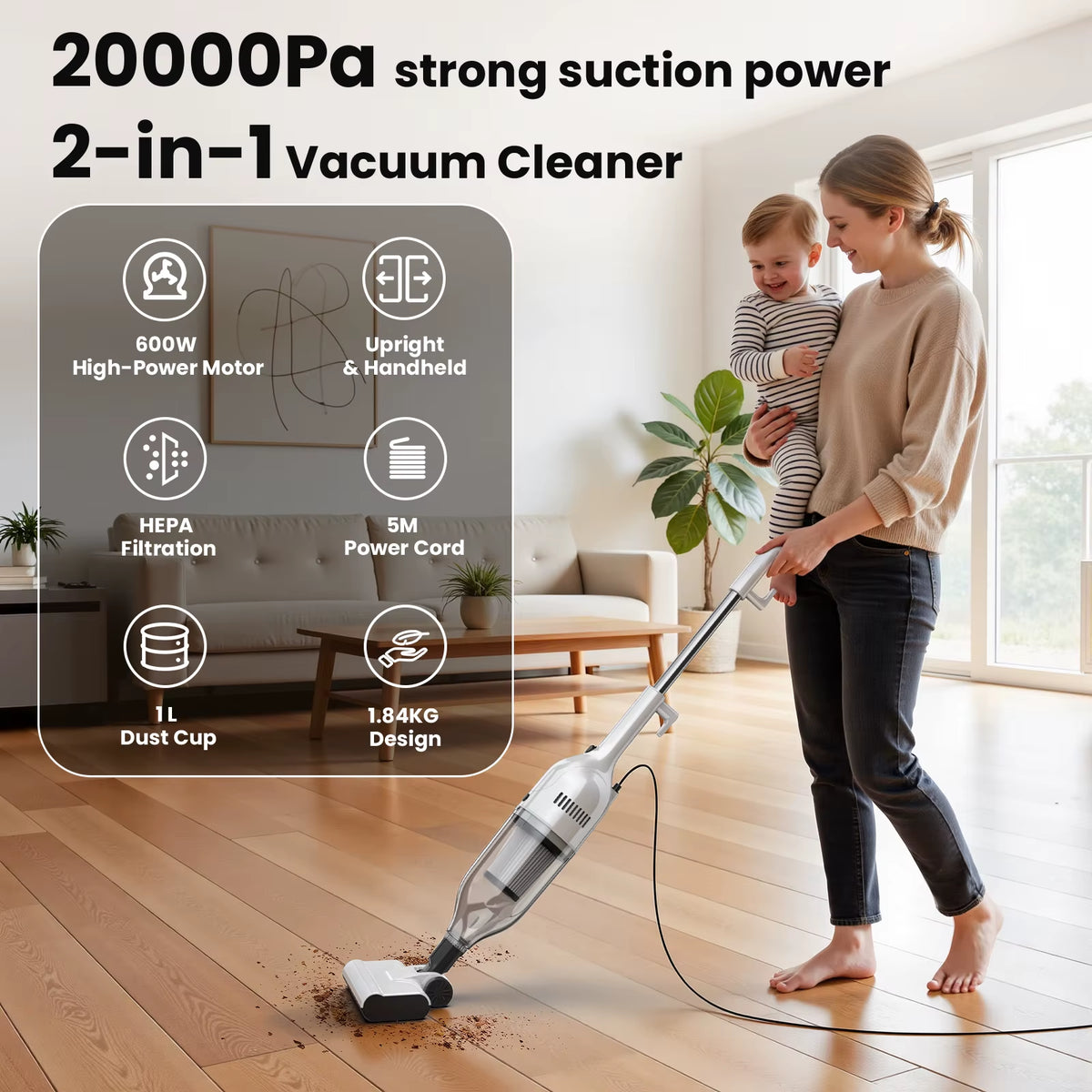 Vastorm R7 Corded Vacuum Cleaner - 600W, 20Kpa Powerful Suction, 3-in-1 Lightweight Handheld Stick Vacuum with 5M Cable, Bagless Design for Hardwood Floors, Carpets, and Pet Hair Removal