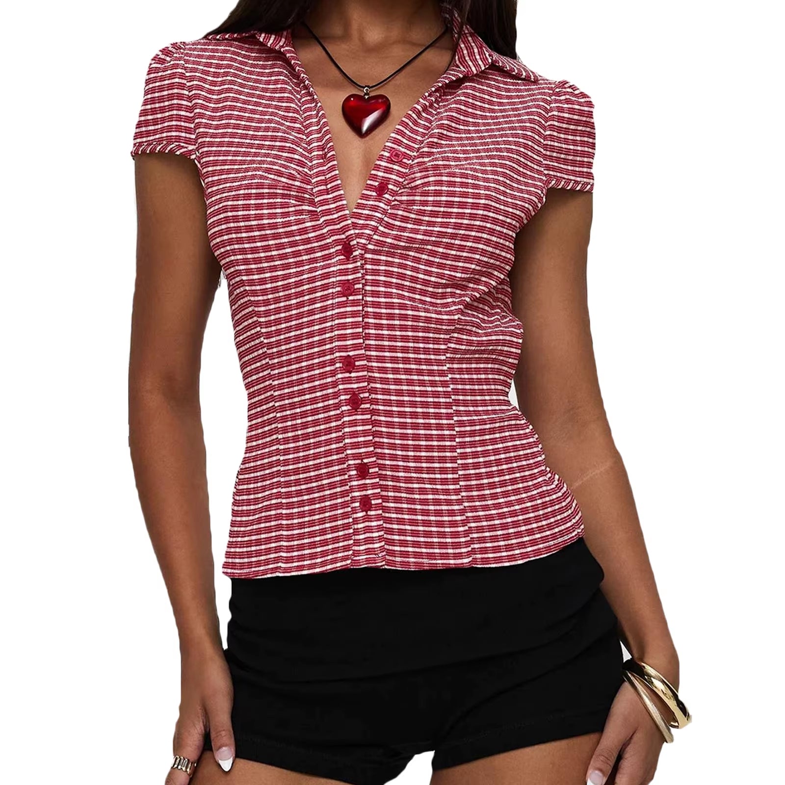 Women S Stylish Plaid Print Short Sleeve Shirt Lapel Button down Fit Casual Blouse Streetwear Summer Tops Collection