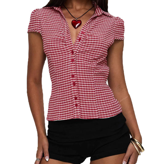Women S Stylish Plaid Print Short Sleeve Shirt Lapel Button down Fit Casual Blouse Streetwear Summer Tops Collection