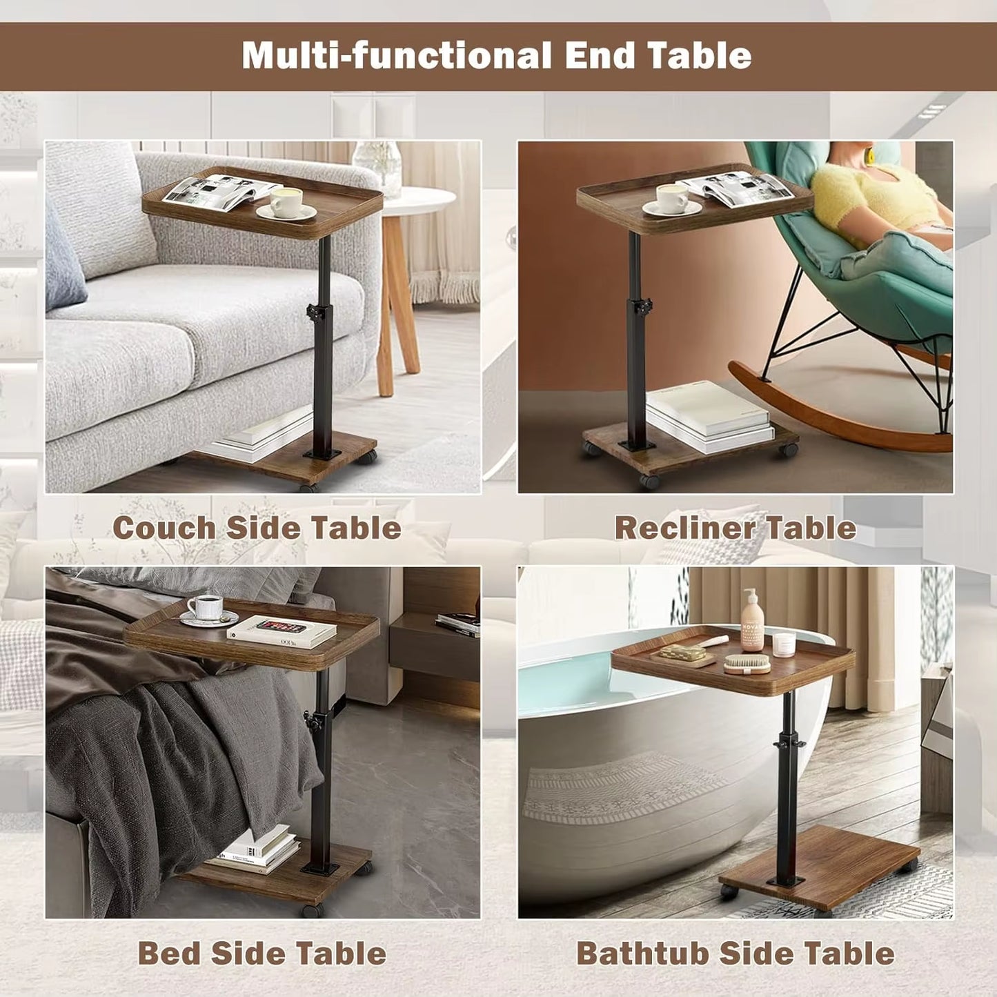 C Shaped Living Room Side Table Sofa Side Cabinet Mobile Coffee Table Simple Small Square Table Bedroom Bedside Table with Wheel