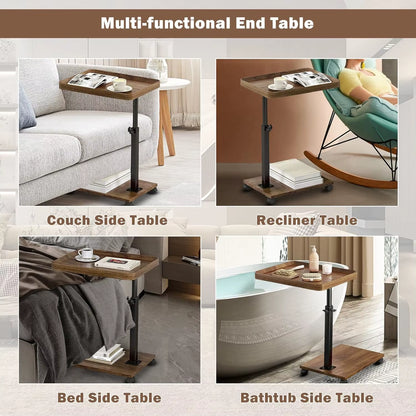 C Shaped Living Room Side Table Sofa Side Cabinet Mobile Coffee Table Simple Small Square Table Bedroom Bedside Table with Wheel