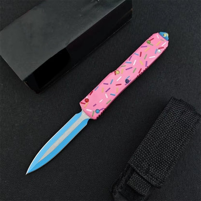 Outdoor Tactical Folding Knife with 3.46-Inch D2 Blade and T6 Aluminum Pink Donut Handle - Deep Pocket Clip EDC Tool for Camping, Hiking, and Hunting