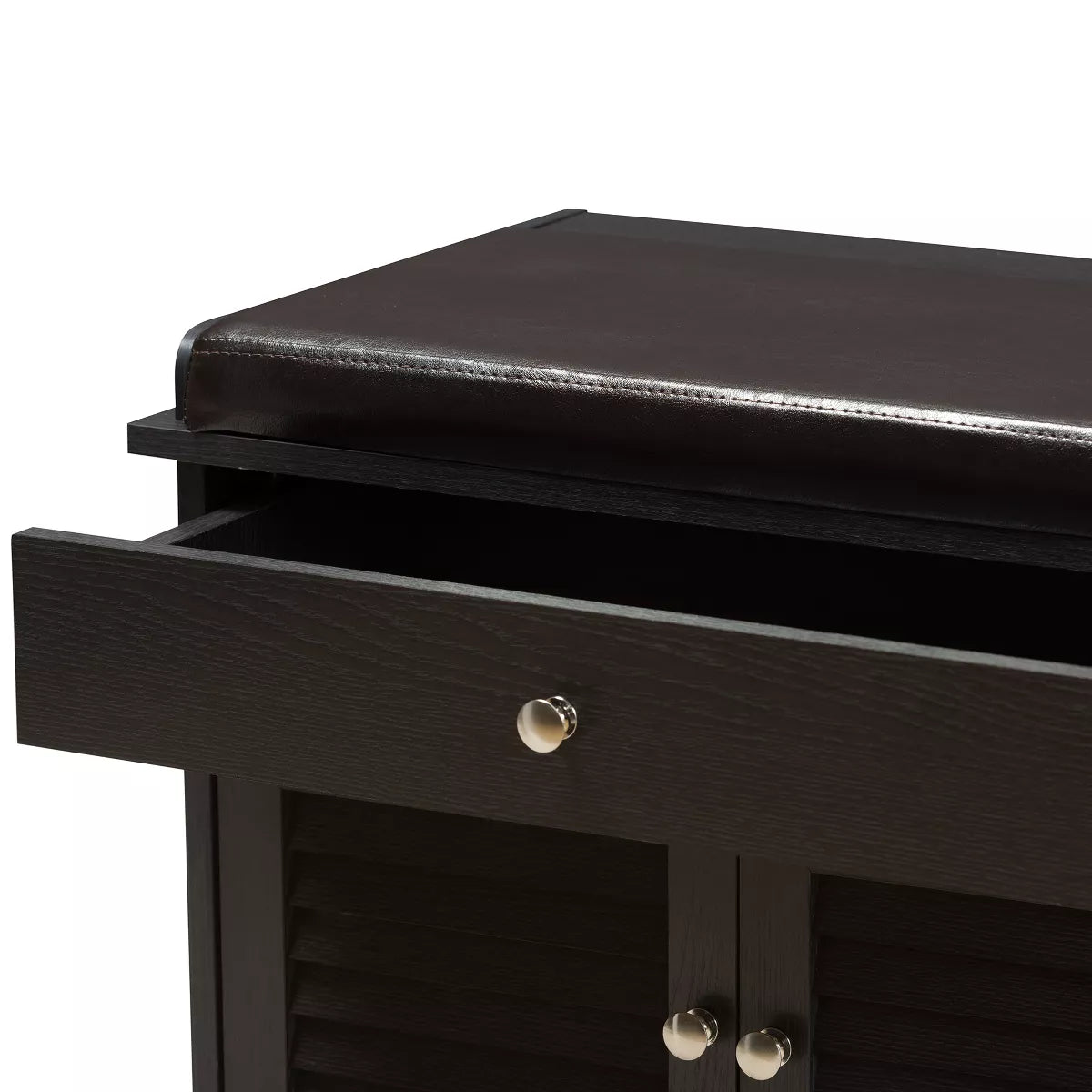 Leo Modern Contemporary Wood Shoe Storage Bench with Upholstered Seat and Ventilated Cabinet in Dark Brown - Baxton Studio