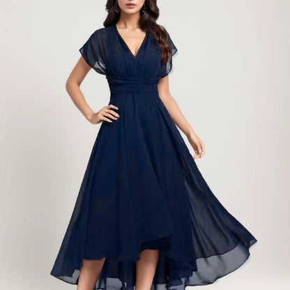 Womens Dresses Wedding Party Bridesmaid Elegant V Neck Chiffon Dress Slim High Waist Flutter Sheer Mesh Sleeve Long Dresses