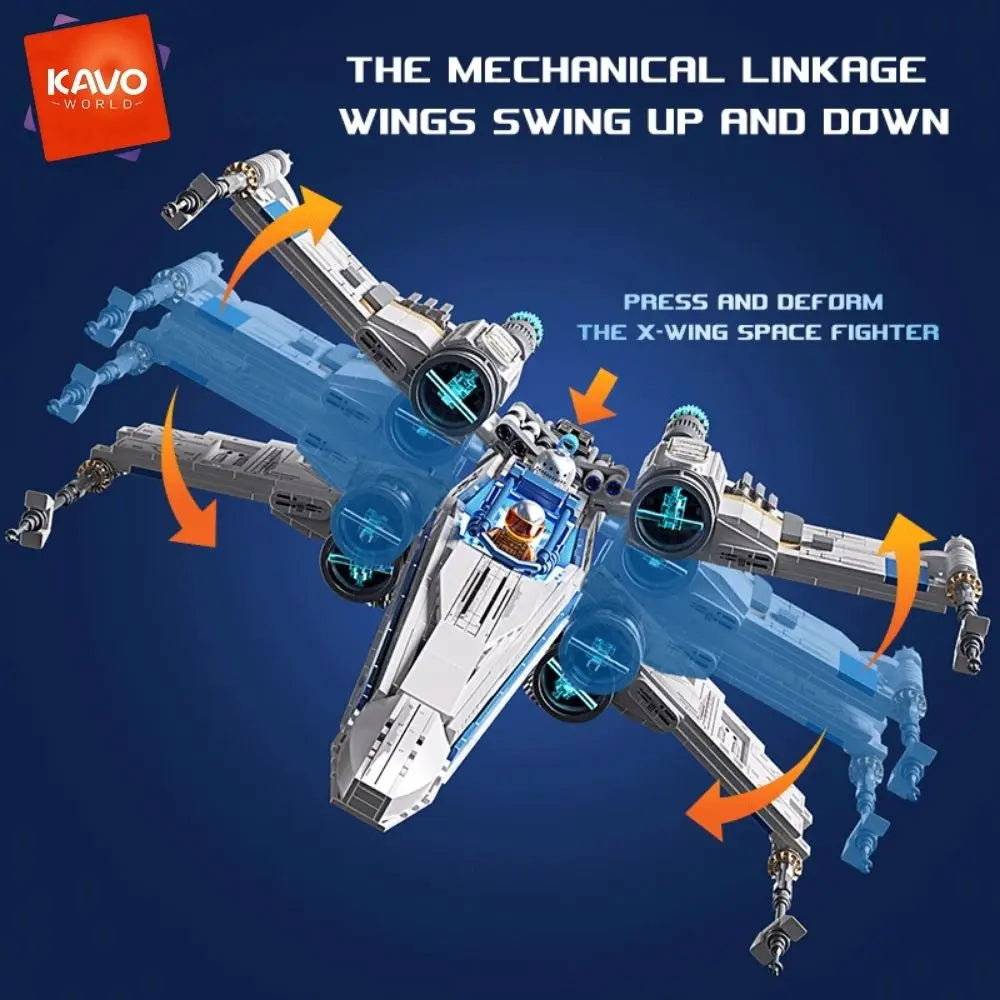 KAVOWORLD 1271-Piece X-Wing Space Fighter Building Block Set with LED Lighting and Mechanical Linkage, Transformable Starship Model with Retractable Landing Gear, Ideal Construction Toy for Adults and Teens, Perfect Gift for Space Enthusiasts