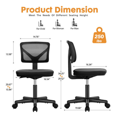 Mesh with Lumbar Support Armless Office Chair Low Back with Wheels Adjustable Height 360° Rolling Swivel Computer Chair