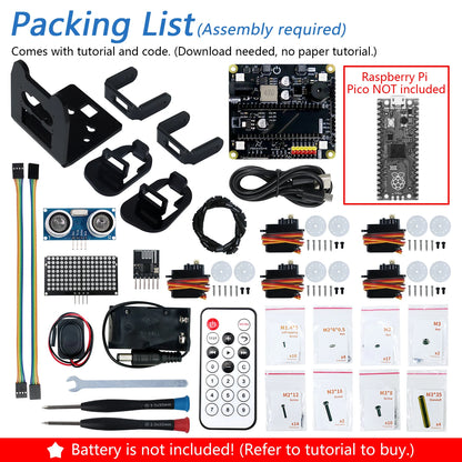 Bipedal Robot Kit for Raspberry Pi Pico (W), LED Matrix, Obstacle Avoidance, RGB Lights, Buzzer, Speaker, Remote, App
