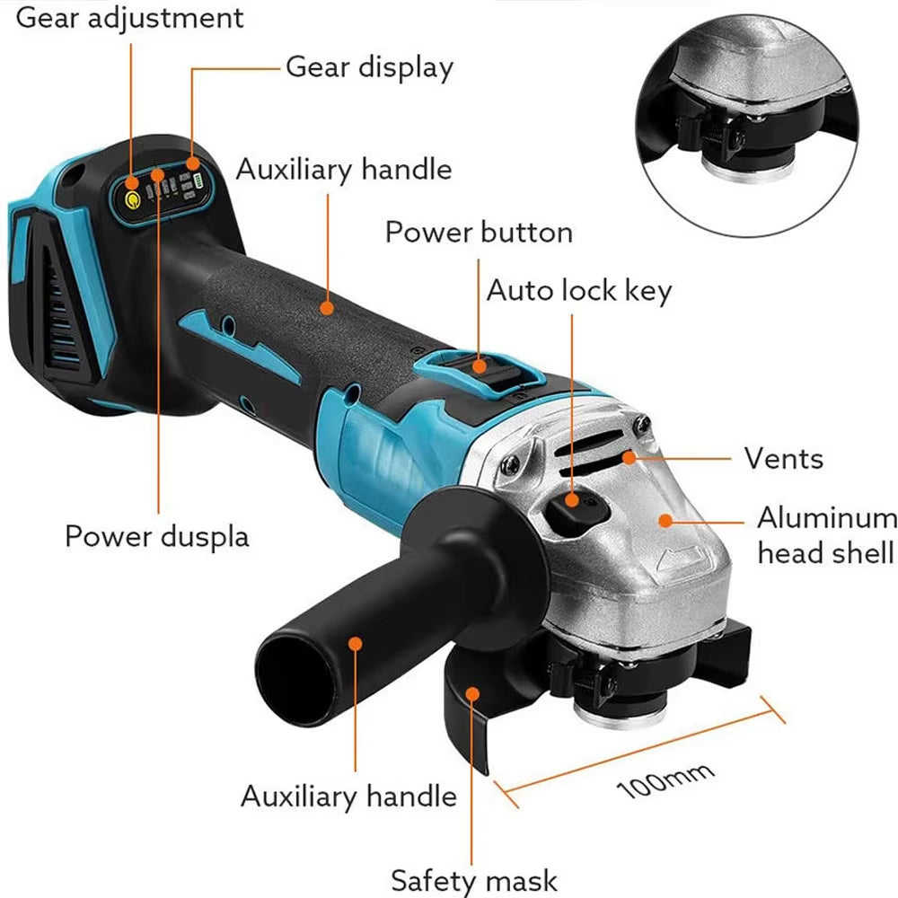 125MM Brushless Electric Angle Grinder with Variable Speed - M14 Cutting Tool for Woodworking Compatible with Makita 18V Battery