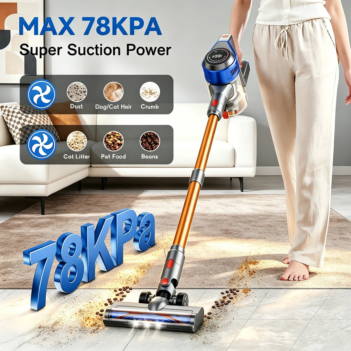 Honki 78KPA Cordless Vacuum Cleaner - High-Power Handheld Device with LED, Strong Suction for Wet and Dry Cleaning, Ideal for Pet Hair and Carpets