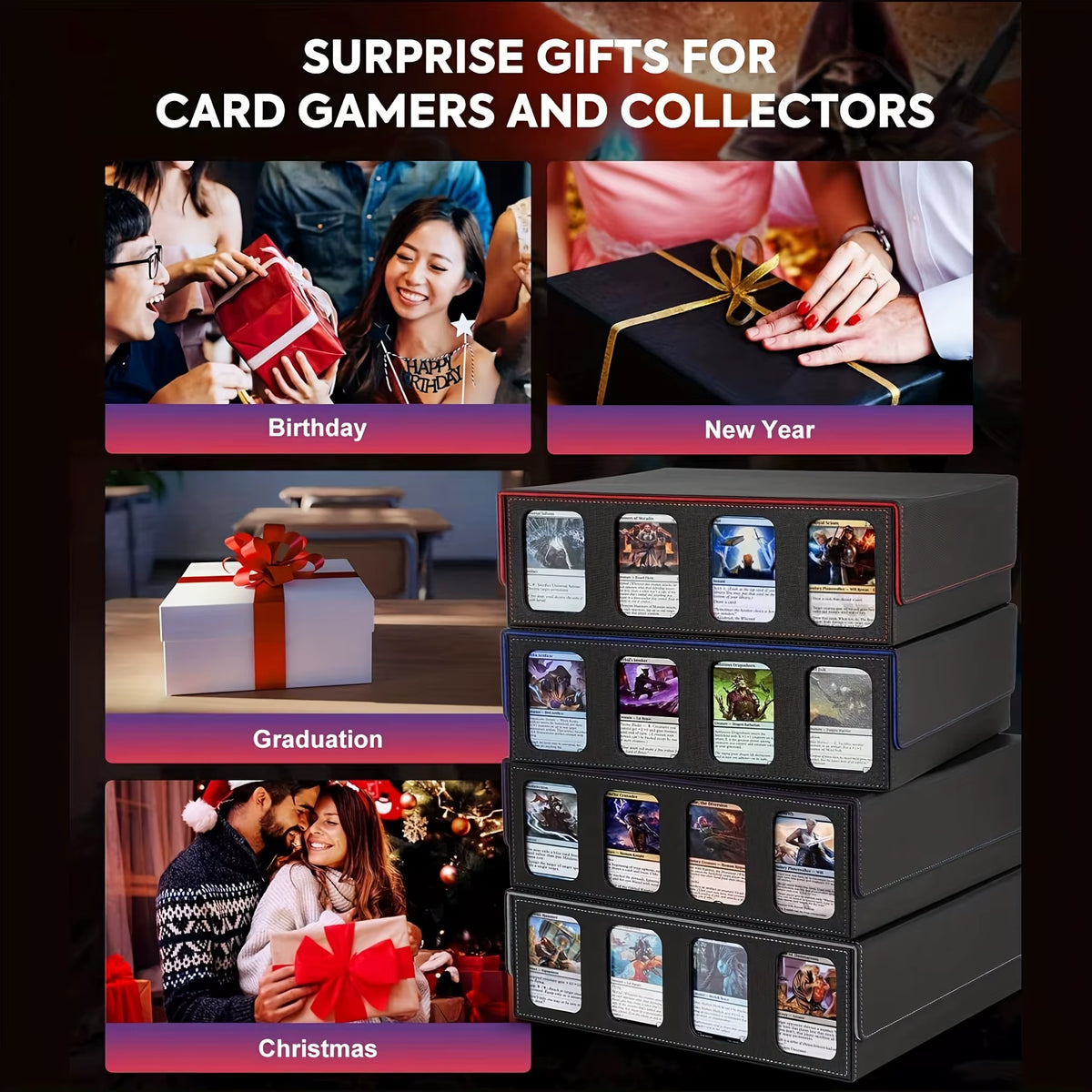 Professional Trading Card Storage Box with Display; 4-Row Deck Case Featuring Removable Lid; Accommodates Over 2400 Cards; Compatible with Magic TCG, PTCG, and Sports Cards