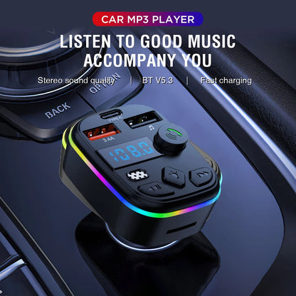 Wireless Car Kit with Bluetooth 5.3, MP3 Player, TF Card and U Disk Support, Cell Phone Charger, and FM Transmitter