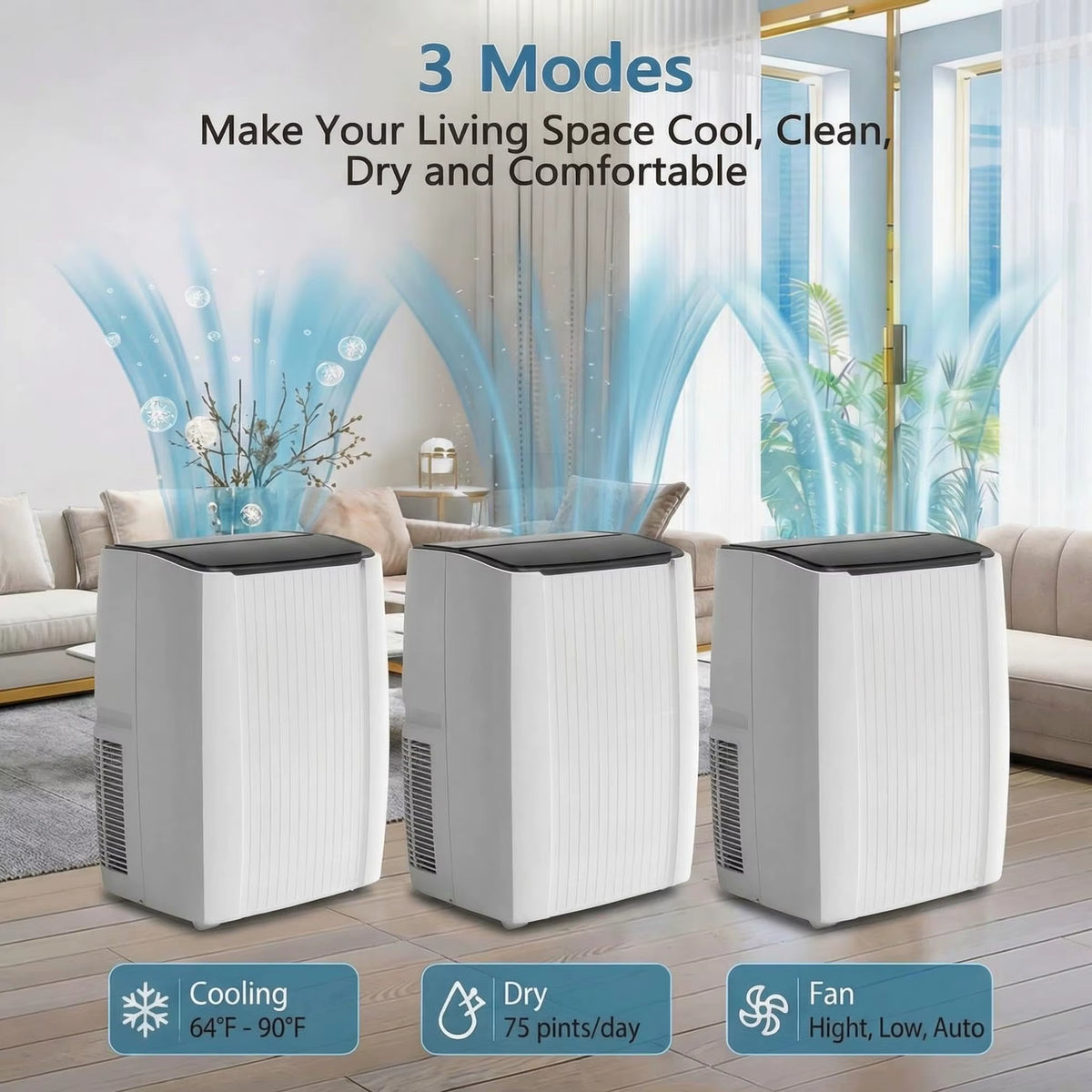 14000 BTU Portable Air Conditioner - 3-in-1 Cooling Unit with Fan, Dehumidifier, Remote Control, 48dB Quiet Operation, 24-Hour Timer, and Window Kits for Indoor Rooms, Offices, and Dorms, Cools up to 750 Sq. Ft.