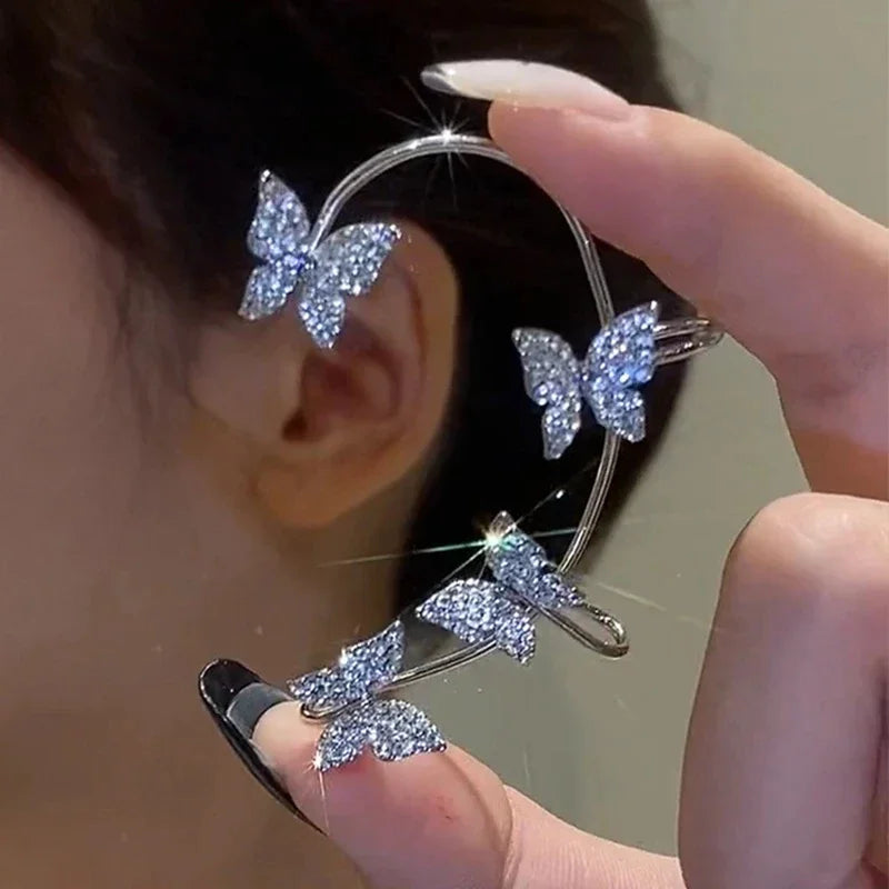 Silver Plated Butterfly Ear Clips with Zircon Accents for Non-Pierced Ears - Elegant Wedding Jewelry for Women