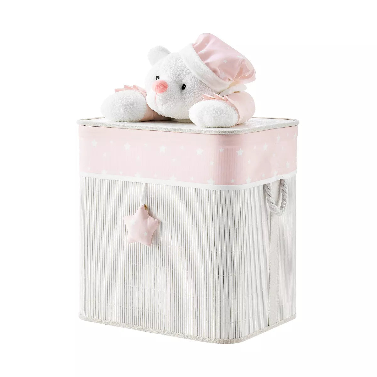 Bamboo Collapsible Laundry Hamper and Toy Storage for Kids with Handles in Pink and Cream Teddy Bear Design