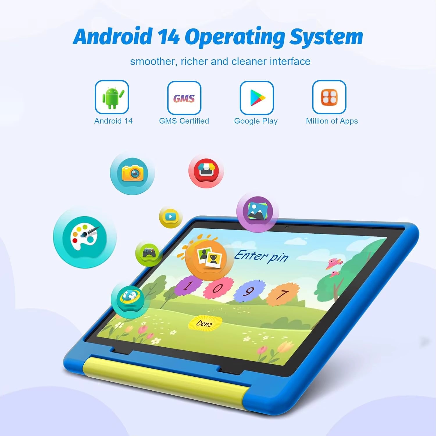 KT1016 Android 14 Tablet for Kids 10 Inch Octa-Core 8 GB RAM 64 GB Storage 1 TB Expandable Parental Control Pre-Installed KIDOZ