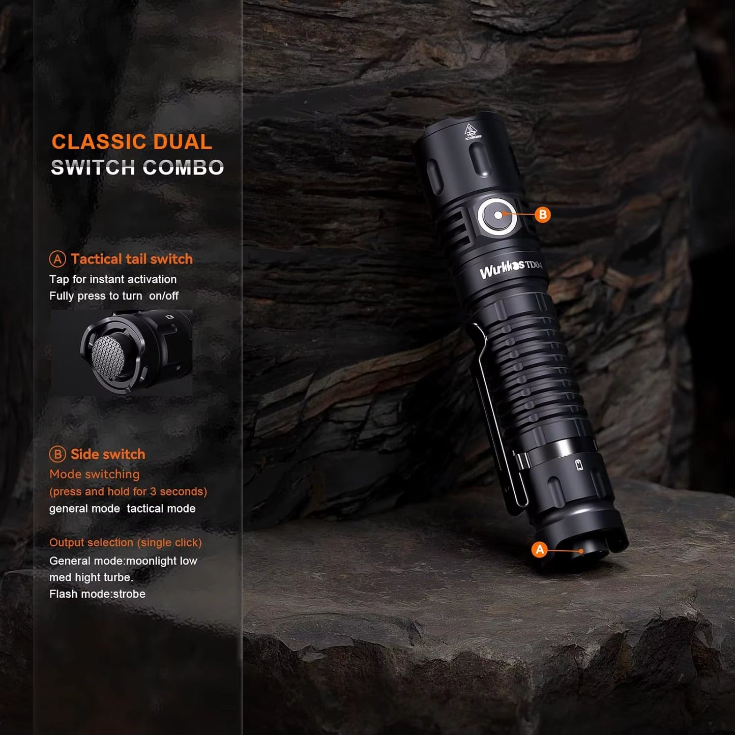TD04 21700 Rechargeable Two Mode Group Tactical XHP50D HI Flashlight USB-C 3000 Lm Torch IP68 Waterproof EDC Tail Switch