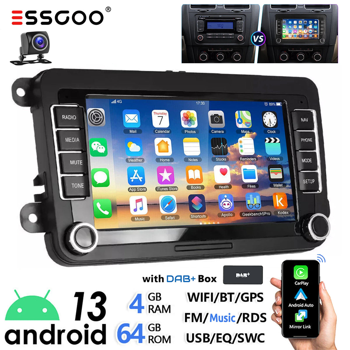 ESSGOO 7-Inch Android Car Stereo with 4G RAM, 64G Storage, Apple CarPlay, ChatGPT, GPS, WiFi, RDS, and Bluetooth Compatibility for VW Golf 5/6, Passat, Polo, Touran, Tiguan, Caddy, and EOS