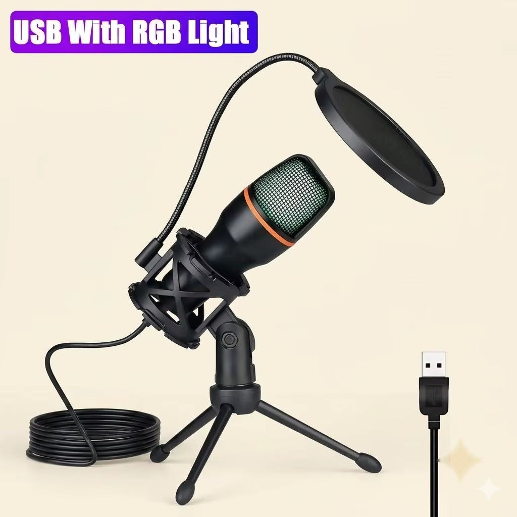 Premium USB Condenser Microphone Kit with Tripod Stand and RGB Lighting for Gaming, Streaming, and Content Creation on PC, Laptop, and Mac - Features Mute Button and Built-in Voice Changer
