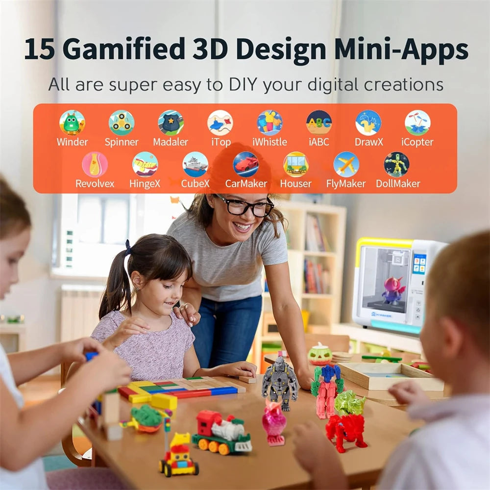  X-MAKER Children'S 3D Printer High Precision 0.1/0.05Mm Ultra Silent Wireless Smart One-Press Printing Wifi USB Safe Enclosed Design with 4Er/8Er Colorful PLA Filament Set