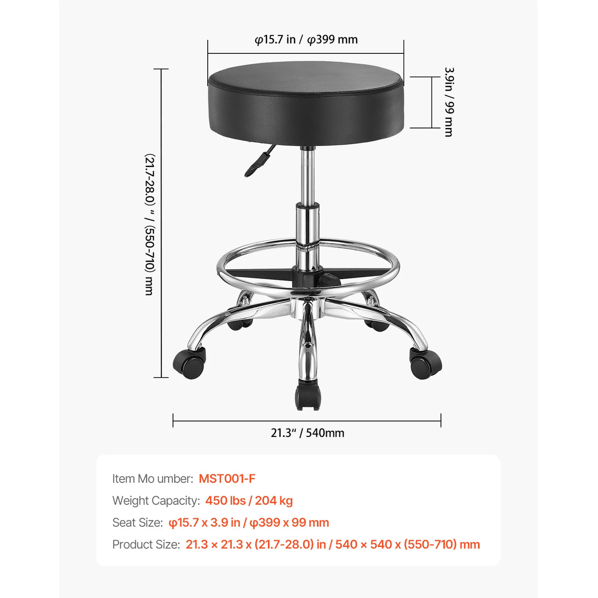 Succebuy Height Adjustable Rolling Stool with Wheels, 450 lbs Weight Capacity, Round Chair for Salon, Spa, and Tattoo Clinic