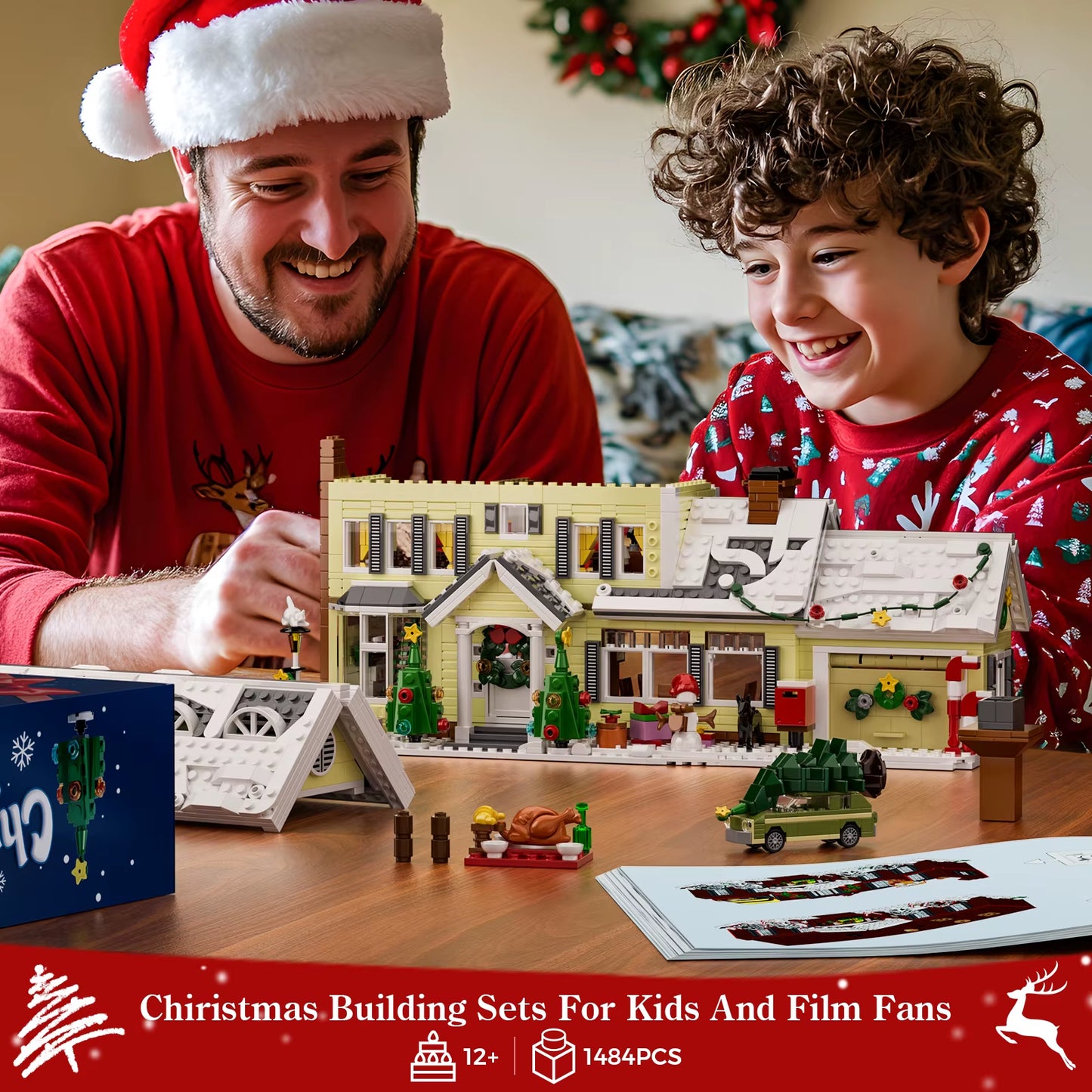 Christmas Holiday House Building Set Christmas Holiday Snow Village Blocks Toys with Clark'S Car,Gifts for Boys, Girls(1484Pcs)