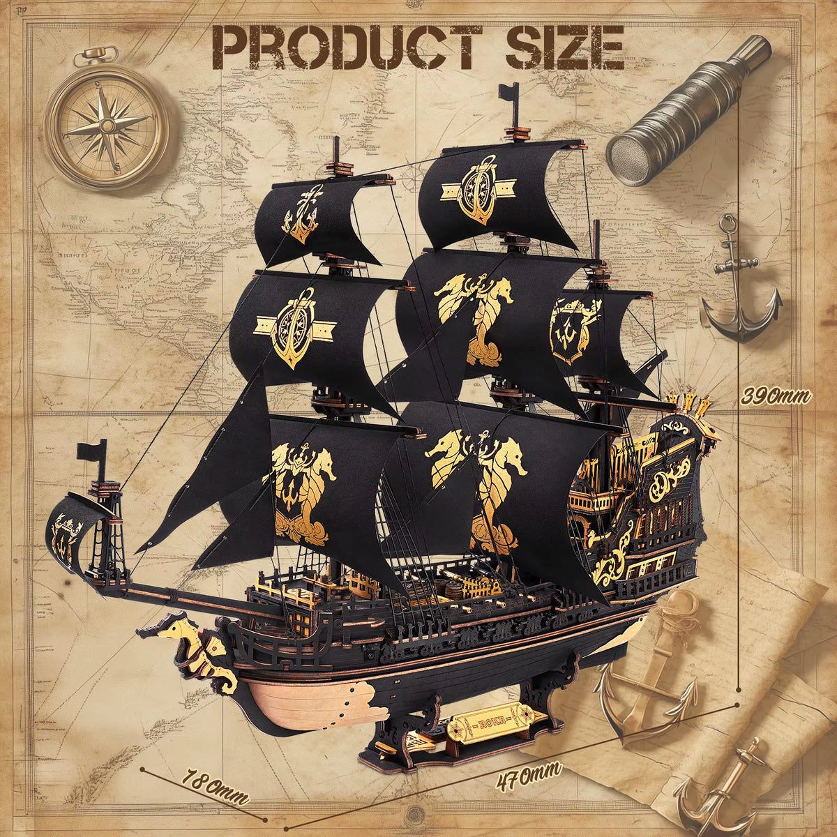 ROKR Seahorse Barque 3D Wooden Puzzle Model Kit - 1:100 Scale DIY Sailboat with 603 Pieces for Adults and Boys