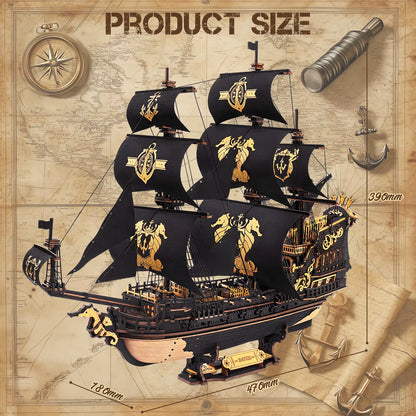ROKR Seahorse Barque 3D Wooden Puzzle Model Kit - 1:100 Scale DIY Sailboat with 603 Pieces for Adults and Boys