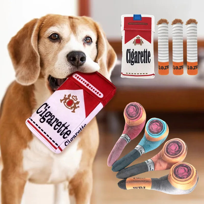 Stuffed Raw Dog Bite Toy Joint Cigarette Case Plush Cigar Funny Interactive Puppy Dog Chew Squeak Toys Cigarettes Toy for a Dog