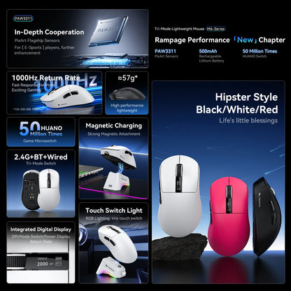 M6 Bluetooth Wireless Mouse Three-Mode E-Sports Gaming Laptop Lightweight PAW3311 1KHZ 12KDPI with Charging Dock