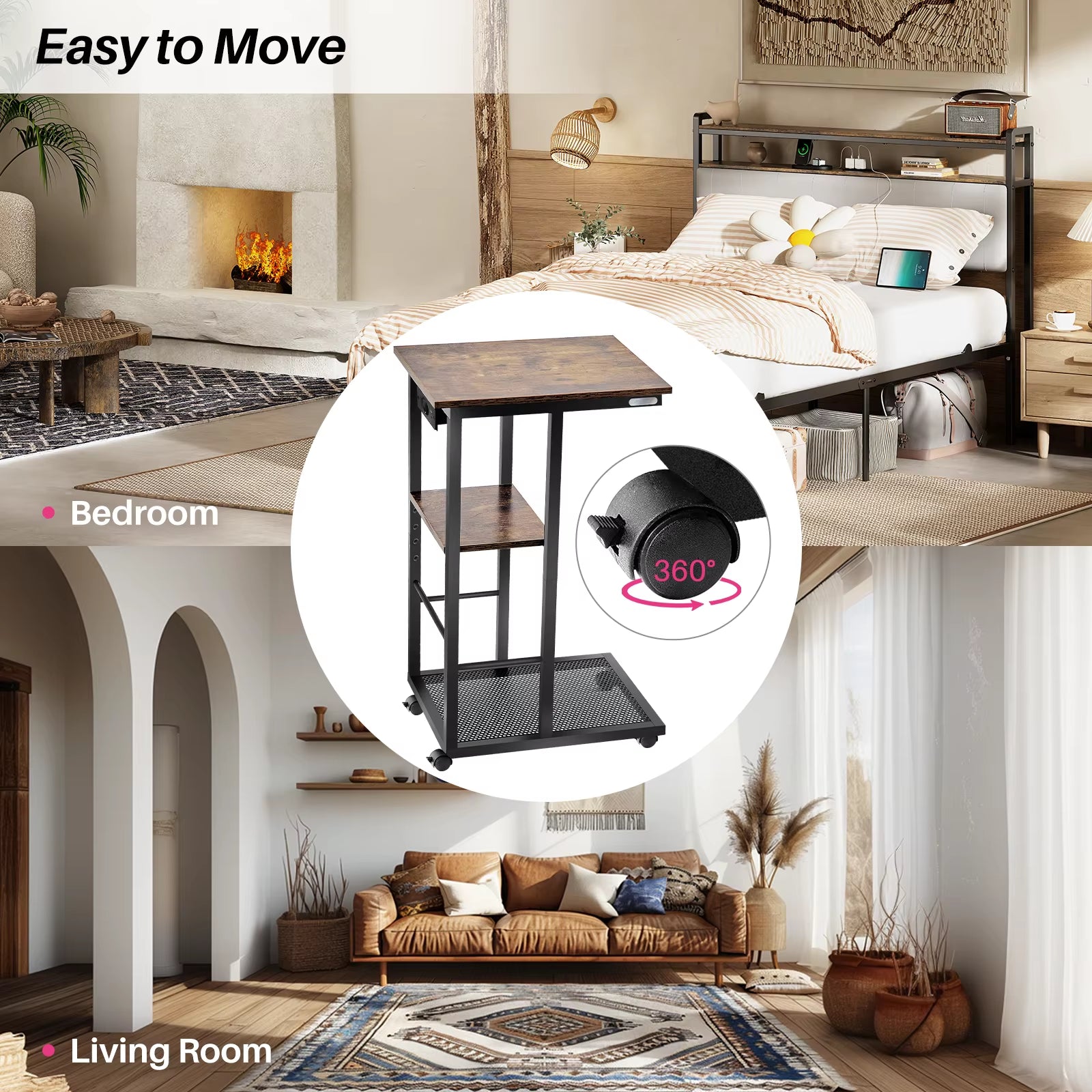 Redlife C Shaped End Table W/ Charging Station Side Table for Couch Sofa Table W/ Storage Shelf & Rolling Wheels for Small Space