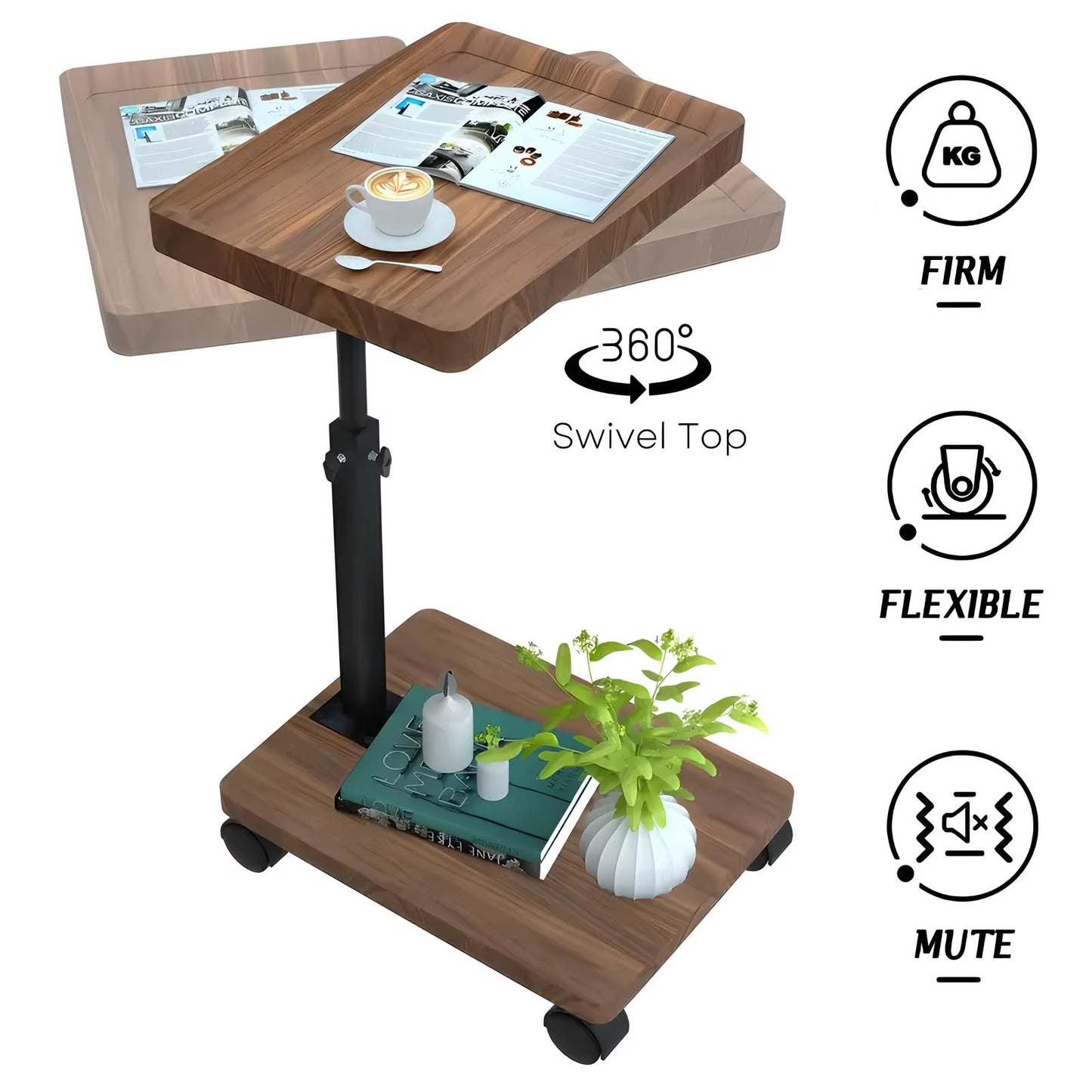 C Shaped Living Room Side Table Sofa Side Cabinet Mobile Coffee Table Simple Small Square Table Bedroom Bedside Table with Wheel