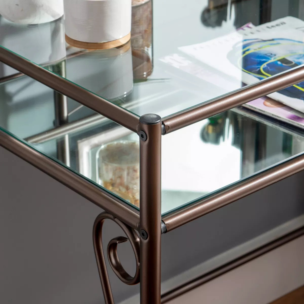 Clarisse Traditional Metal and Glass Shelf Tilting Mirror Vanity and Upholstered Stool Brown