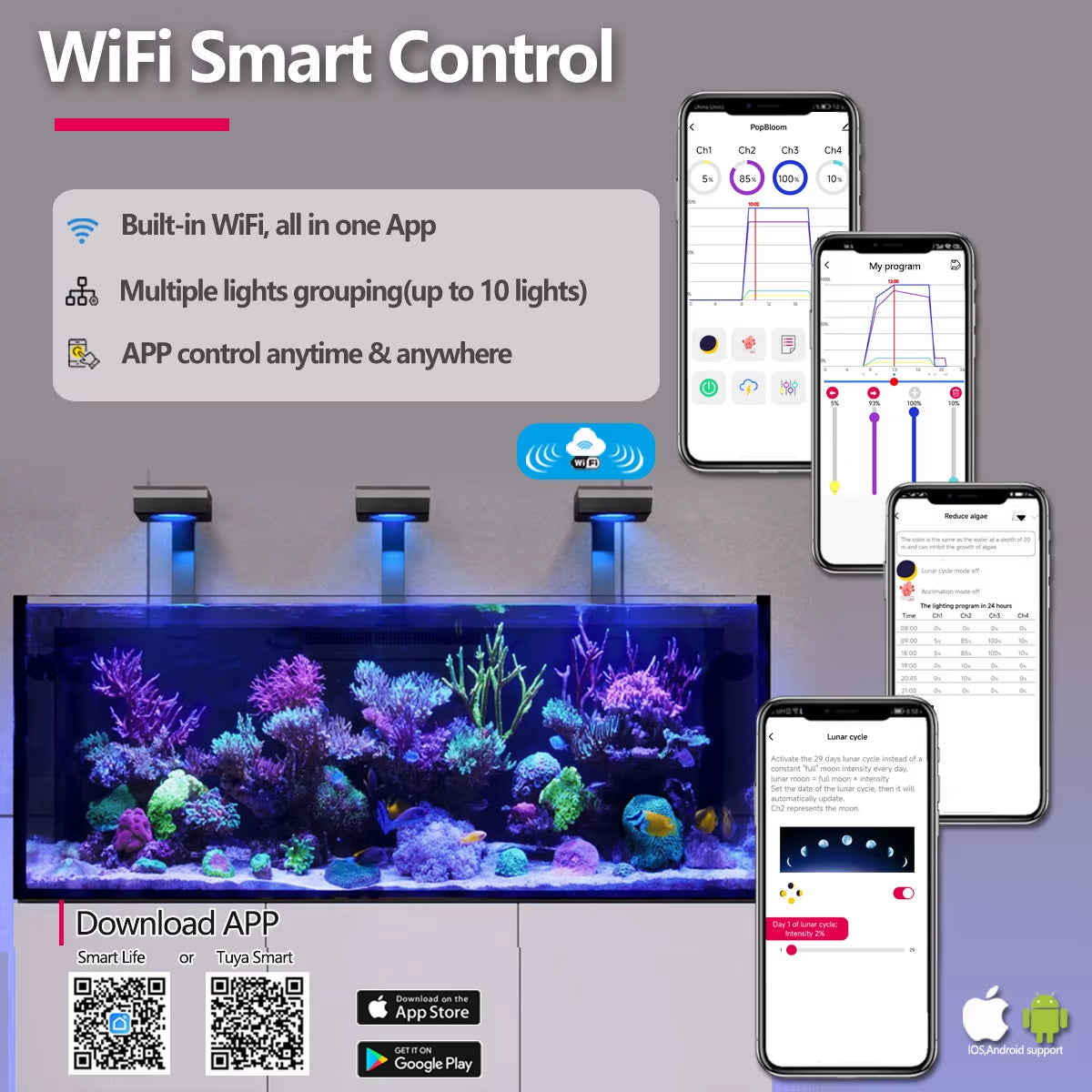 Popbloom RL90 Wifi Reef Aquarium Light 100W, Professional Marine Aquarium LED Full Spectrum for Reef Coral SPS/LPS Fish Tank LED