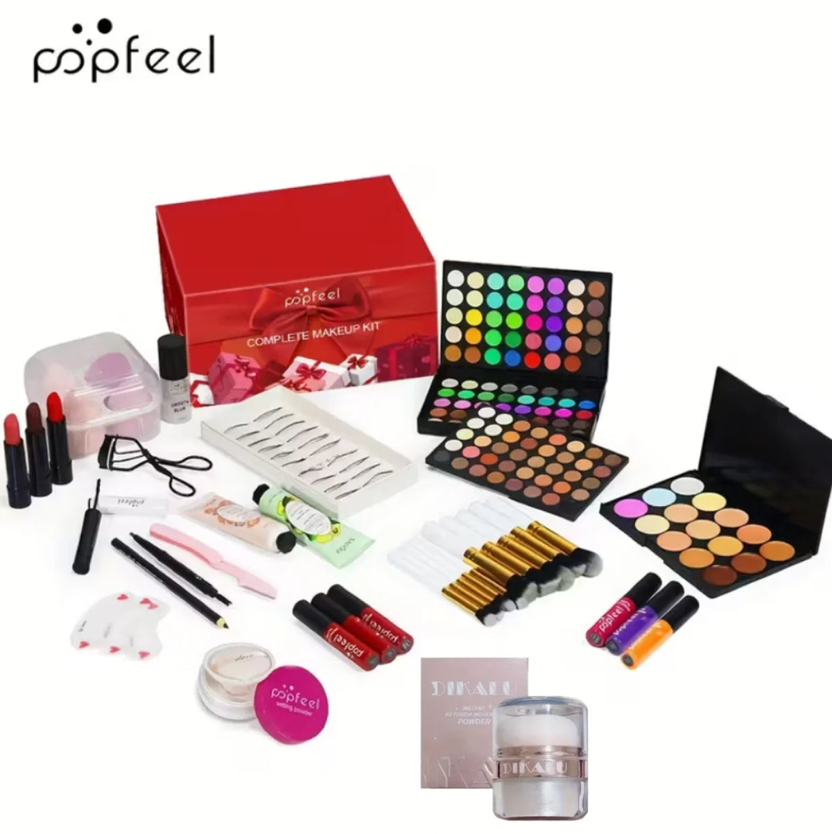 POPFEEL Comprehensive Full Face Makeup Kit with Brush and Facial Highlighter - Complete Beauty Set Featuring Berry & Neutral Foundation, Blush, and Eye Products
